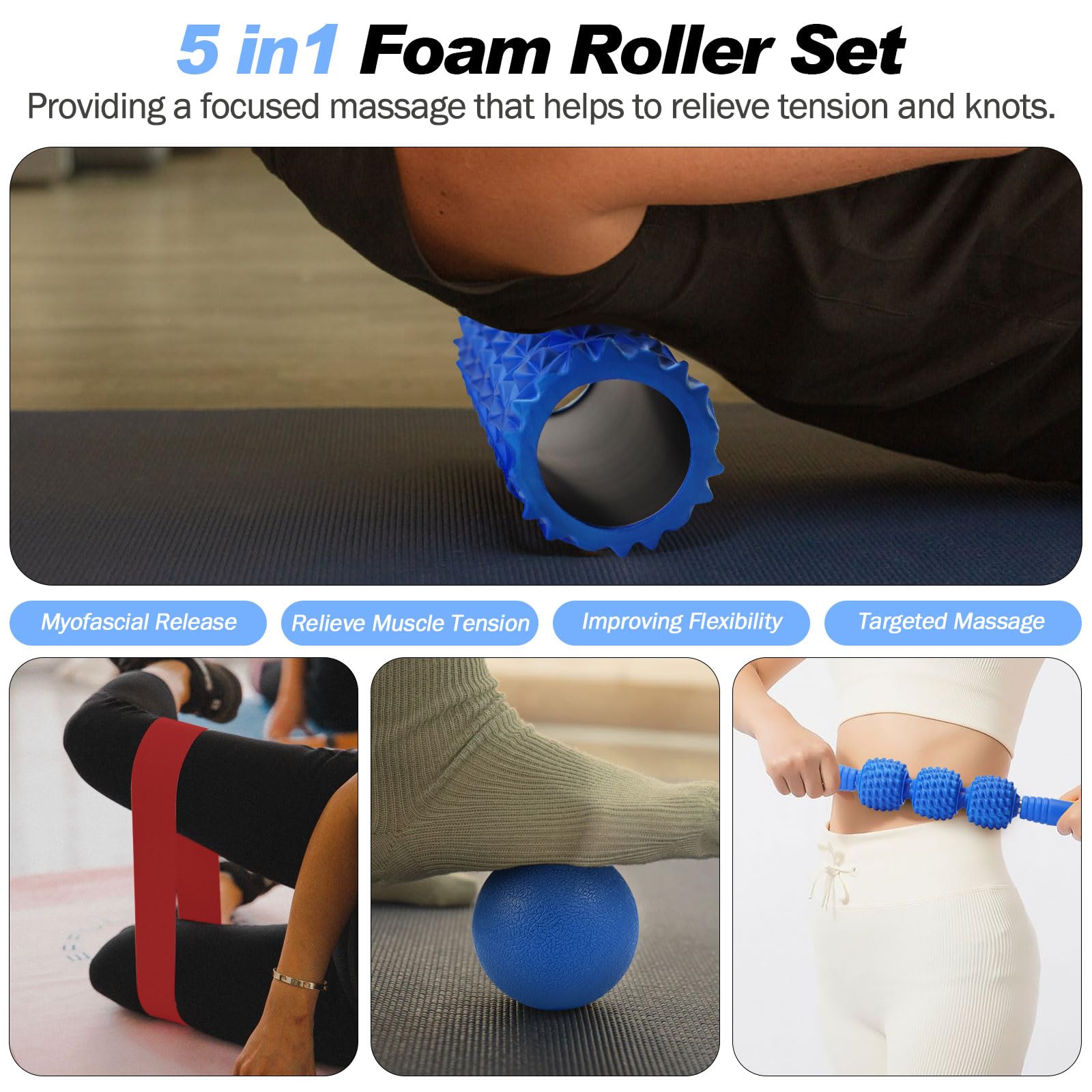 Joyenergy Juego de rodillos de espuma 5 en 1 para masaje de tejidos profundos, alivio del dolor muscular, movilidad mejorada, rodillo de espalda de alta densidad para todo el cuerpo, alivia el dolor