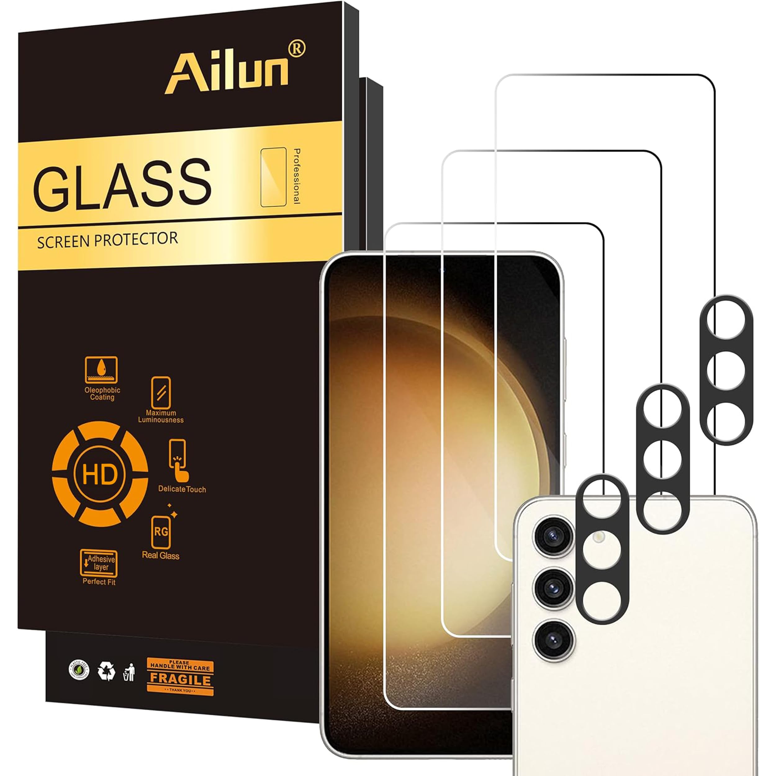 Ailun Screen Protector + Camera Lens Protector for Galaxy S23+ / S23 Plus | 3+3 Pack, 6.6 Inch, Tempered Glass, Fingerprint Unlock, 0.25mm, Ultra Clear, Anti-Scratch, Case Friendly