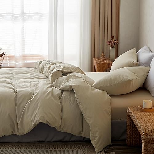 Miniatura 3 de TOCOMOA Juego de funda de edredón tamaño King, 100% algodón lavado con textura de lino, juego de ropa de cama beige de 3 piezas, suave y