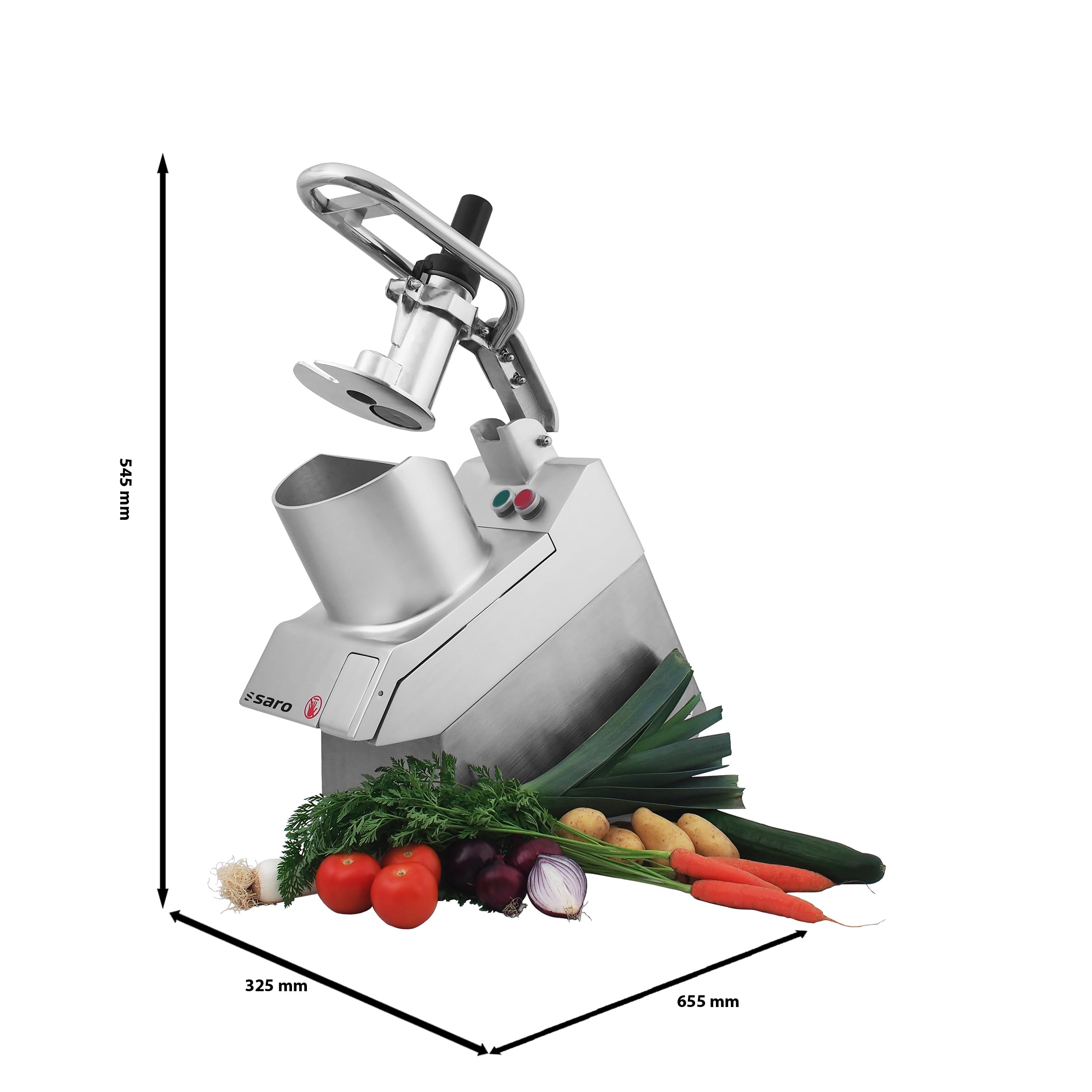 SARO Gemüseschneider – Edelstahl/Aluminium – Inkl. 5 Scheiben – Für Gemüse, Käse, Nüsse, Schokolade – Ø Trichter – 0,75 kW – Modell TITUS