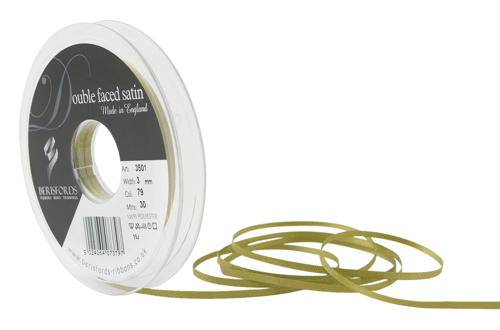 Berisfords Double FACE Poly Satin Ribbon, Moss, 3 mm
