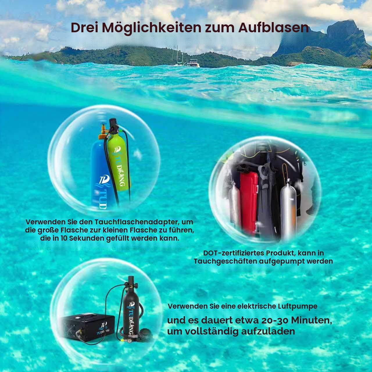 TUDIVING-2L Tauchflasche | Unterstützt 30-45 Minuten Unterwasser-Atmungszeit | mit Luftkompressor | Lungenflasche