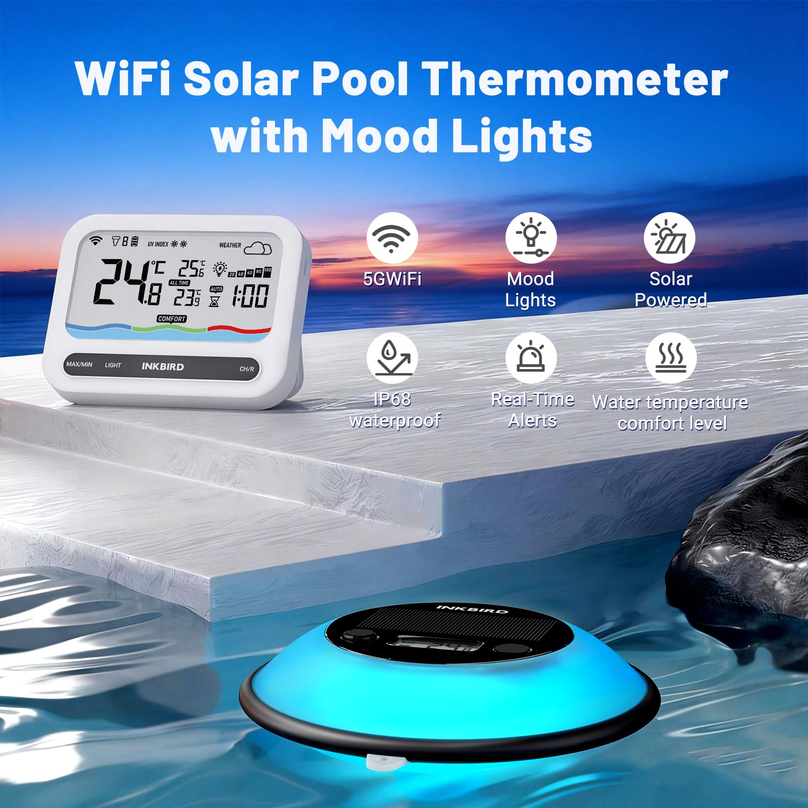 Inkbird IBS-P05R-W solarny termometr basenowy z bramką Wi-Fi, wodoszczelność IP68, zdalne połączenie 300 m