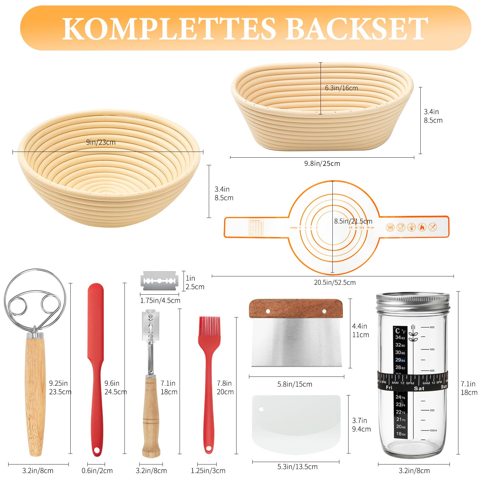 Set di 10 cestini per la fermentazione, con 2 cestini per il pane (23 cm rotondi e 25 cm ovali), 730 ml, set completo per cuocere il pane per principianti