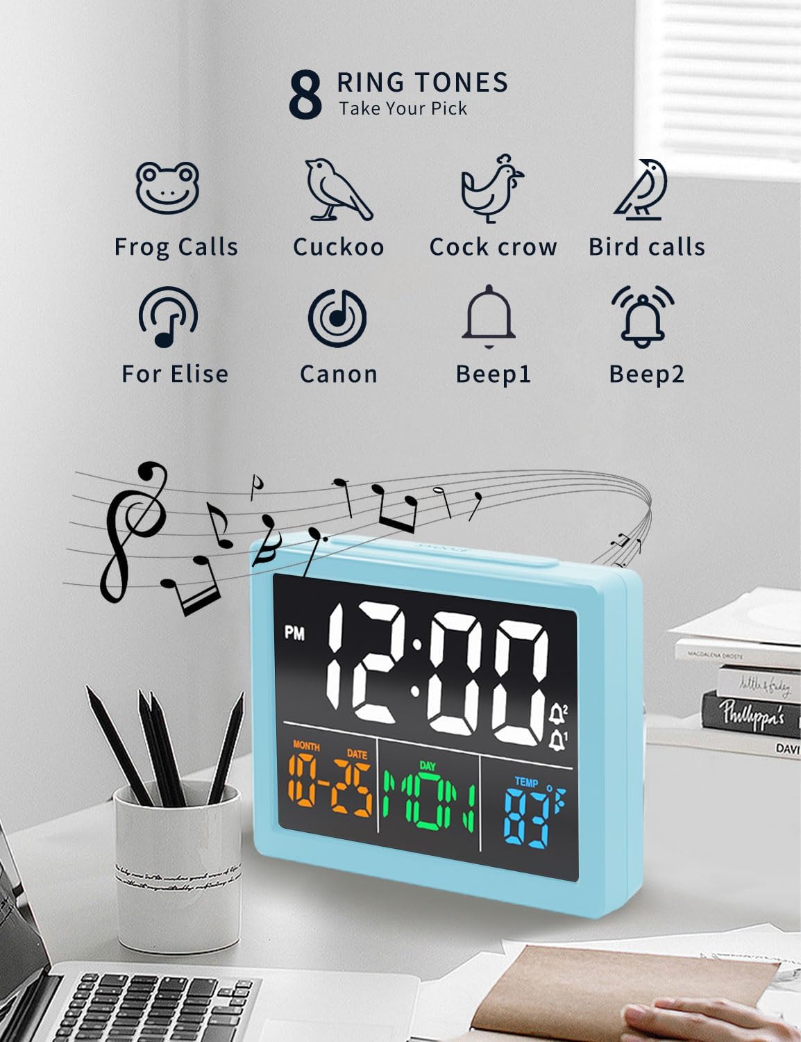 JALL Digital Alarm Clock displaying 8 different ringtone options like frog calls, cuckoo, and melodies