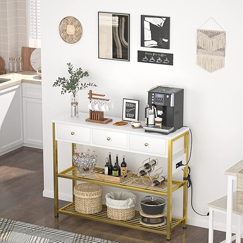 Miniatura 24 de Ecoprsio Mesa de entrada de 47 pulgadas con salidas y puertos USB, mesa consola con 3 cajones, mesa de sofá estrecha larga con estantes de Marrón