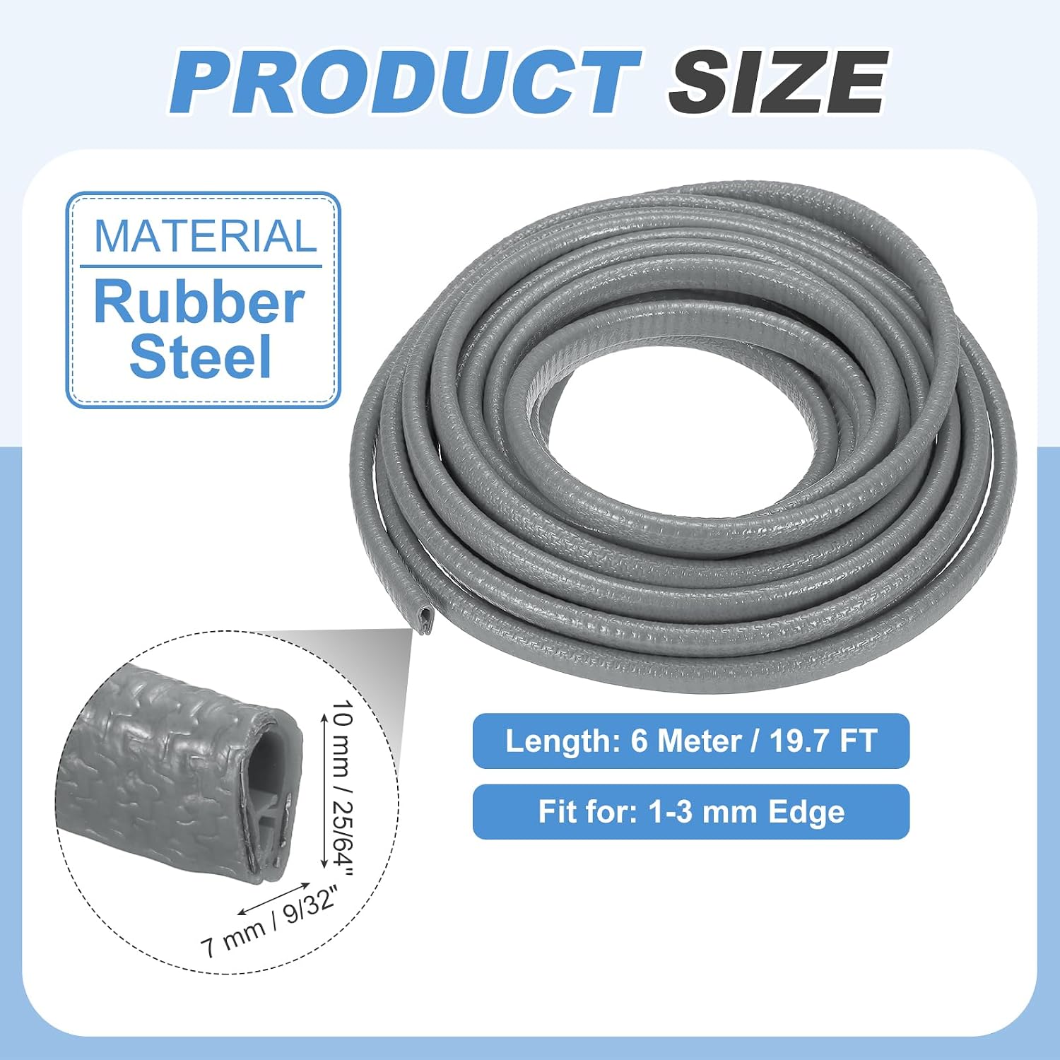 PATIKIL Rubber Edge Trim Guard, 19.7 ft x 25/64" x 9/32" U Channel Edge Protector Seal Strip with Metal Clips Fit for 1-3mm Edge for Car Door Sheet Metal Hatches Table Corners, Gray