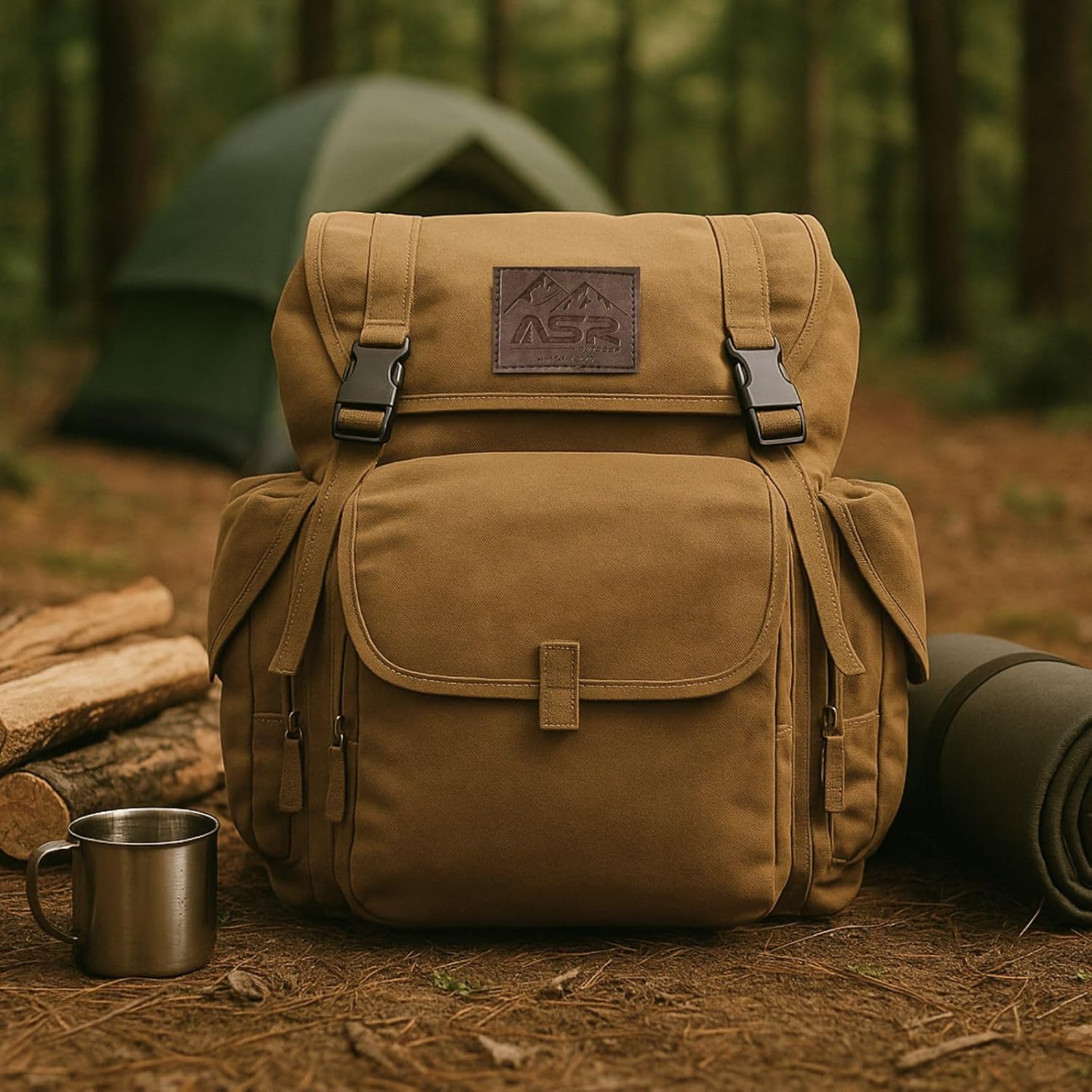 ASR Outdoor 30L Heavy Stitch Gold Panning Backpack Camping Canvas Rucksack, Khaki