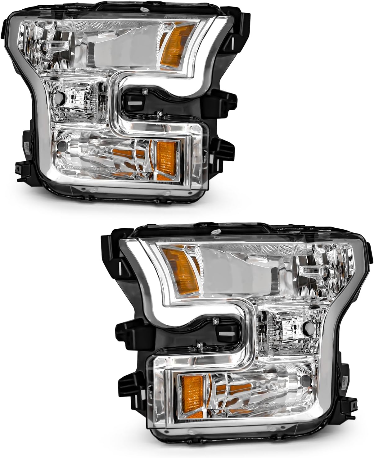 for Ford F150 2015 2016 2017 Headlight Assembly Halogen Lamp Chrome Housing Amber Reflector Driver Side and Passenger Side (Does not fit Models Equipped with LED or HID Headlights)（W/O Bulbs）
