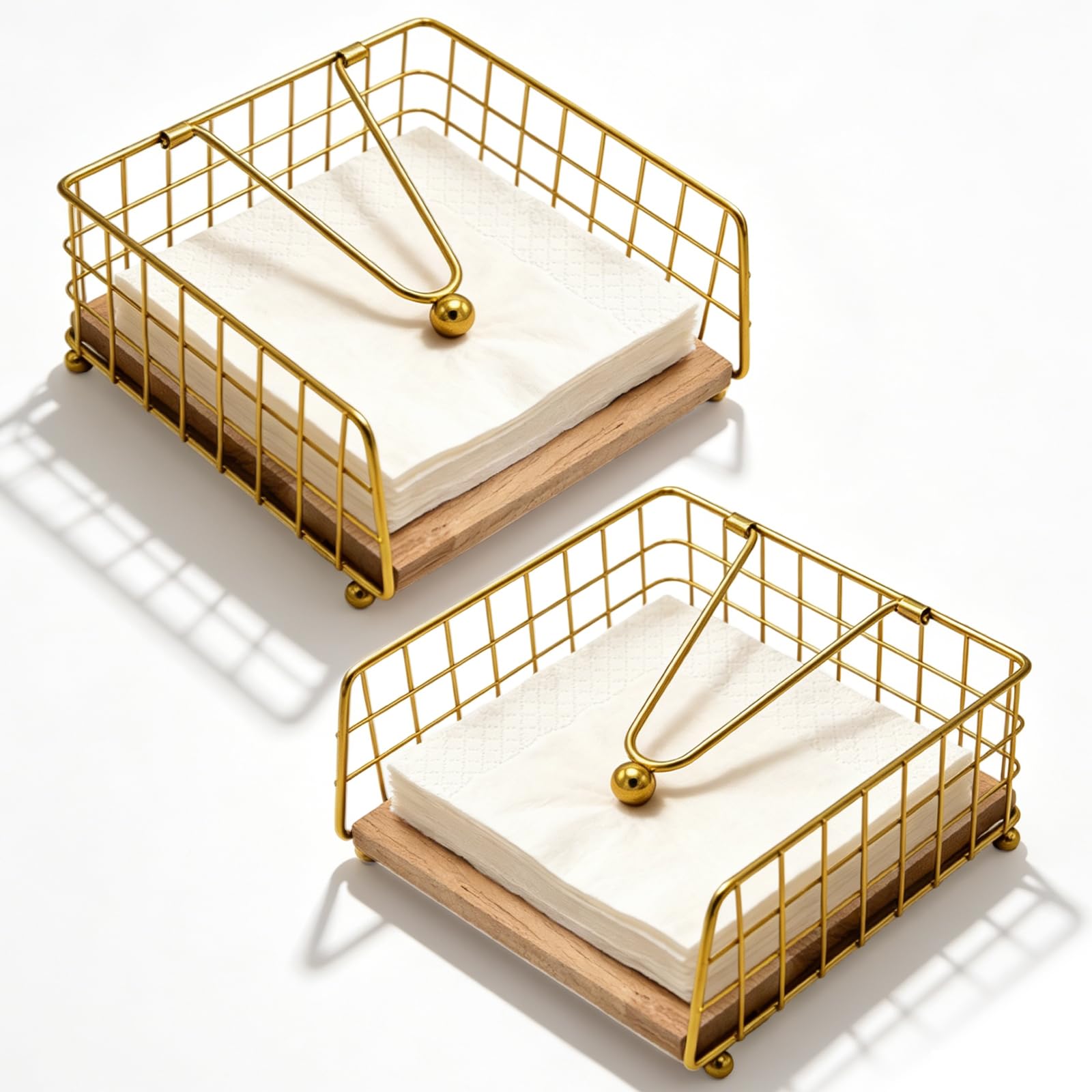 2 PCS Napkin Holder, Metal Serviette Holder Gold Napkin Holders for Tables Square Tissue Dispenser with Wooden Base for Home Kitchen Restaurant Hotel Bar Cafes