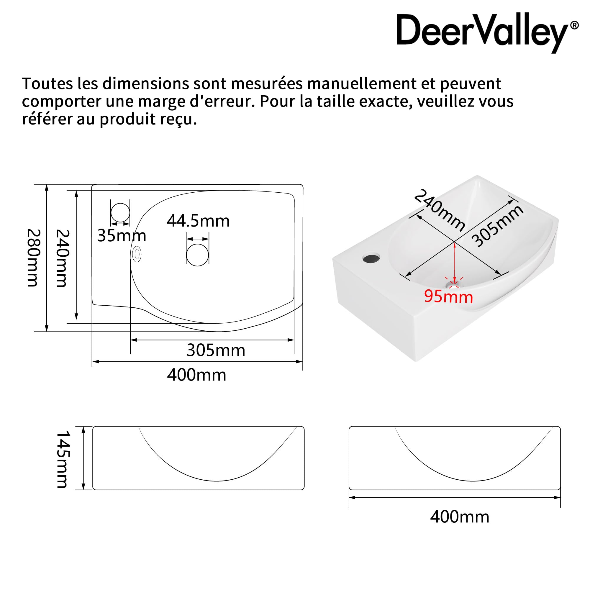 Lavabo mural DeerValley 305×240 mm, vasque rectangulaire en céramique blanche, cuve à gauche avec trou de robinet à droite, idéal pour les petites salles de bain