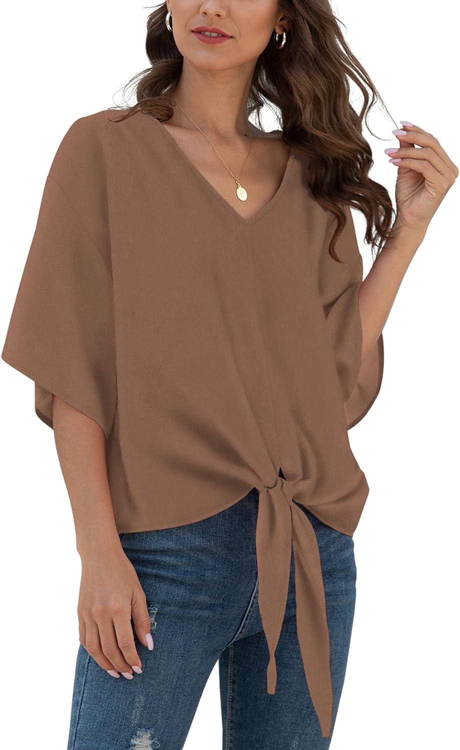 VIISHOW Womens Tie Front Chiffon Blouses V Neck Batwing Short Sleeve Summer Tops Shirts