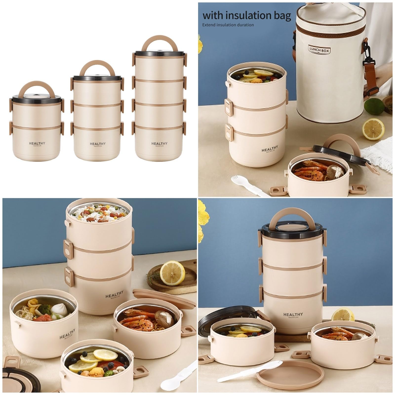 Scatola Bentos in acciaio inossidabile 304 con pentole interne staccabili e set di posate, contenitore per alimenti per i pendolari quotidiani, contenitore termico per il pranzo con manico
