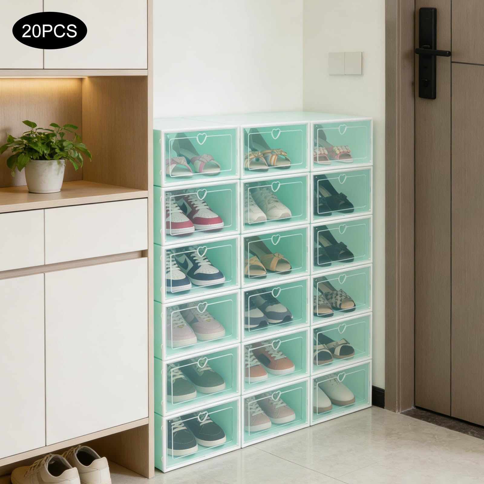 Confezione da 20 Scatole di Cartone Impilabili per Scarpe - Organizzatore in Plastica Trasparente per Sneakers - per Uomini e Donne (Verde)