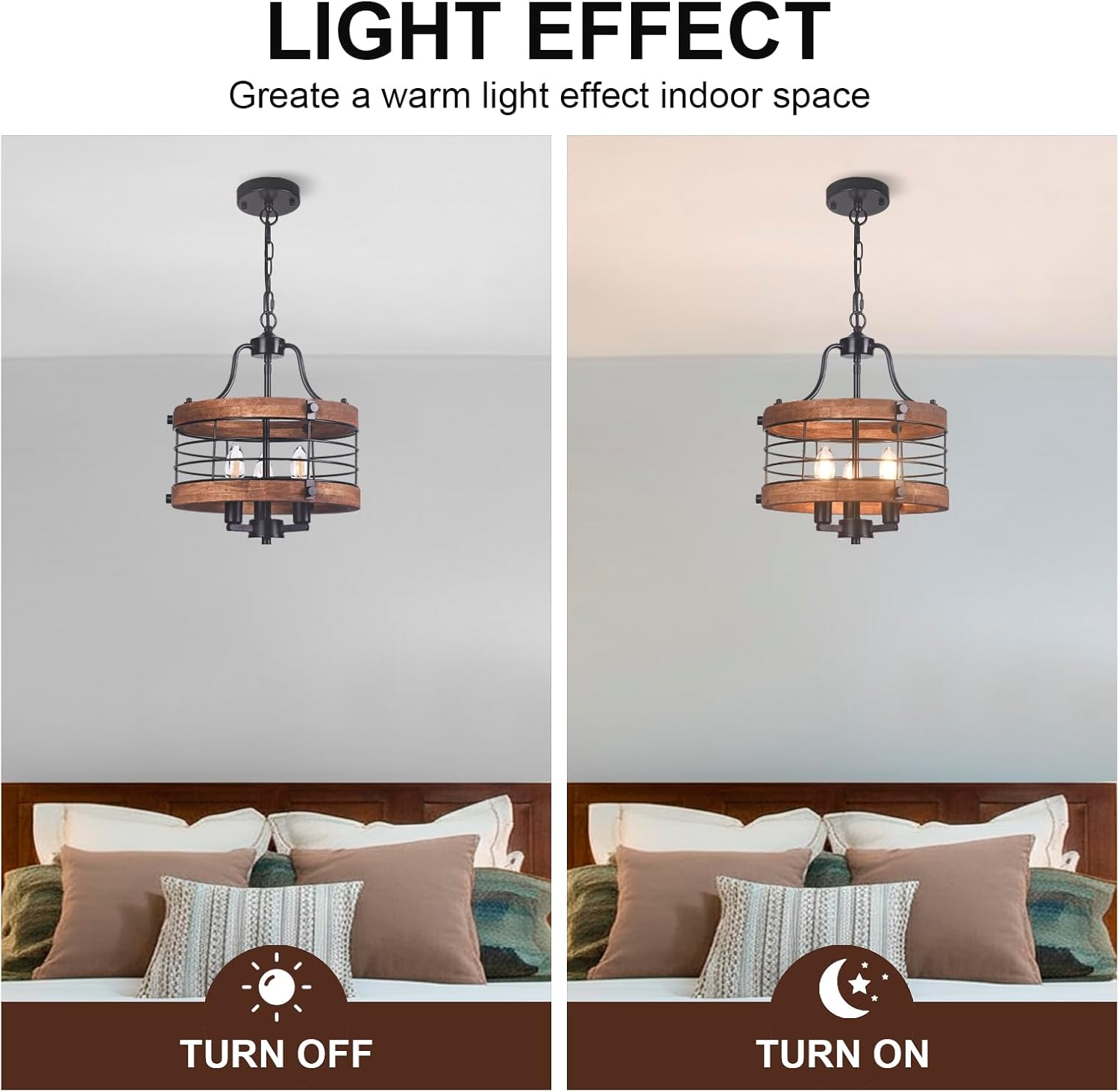 Farmhouse Wood Chandelier Vintage Ceiling Light, Modern Metal & Wooden Circular 3 Lights, Rustic Drum Hanging Chandelier with Adjustable Chain Light Fixtures for Dining Room Entryway Foyer(Black)