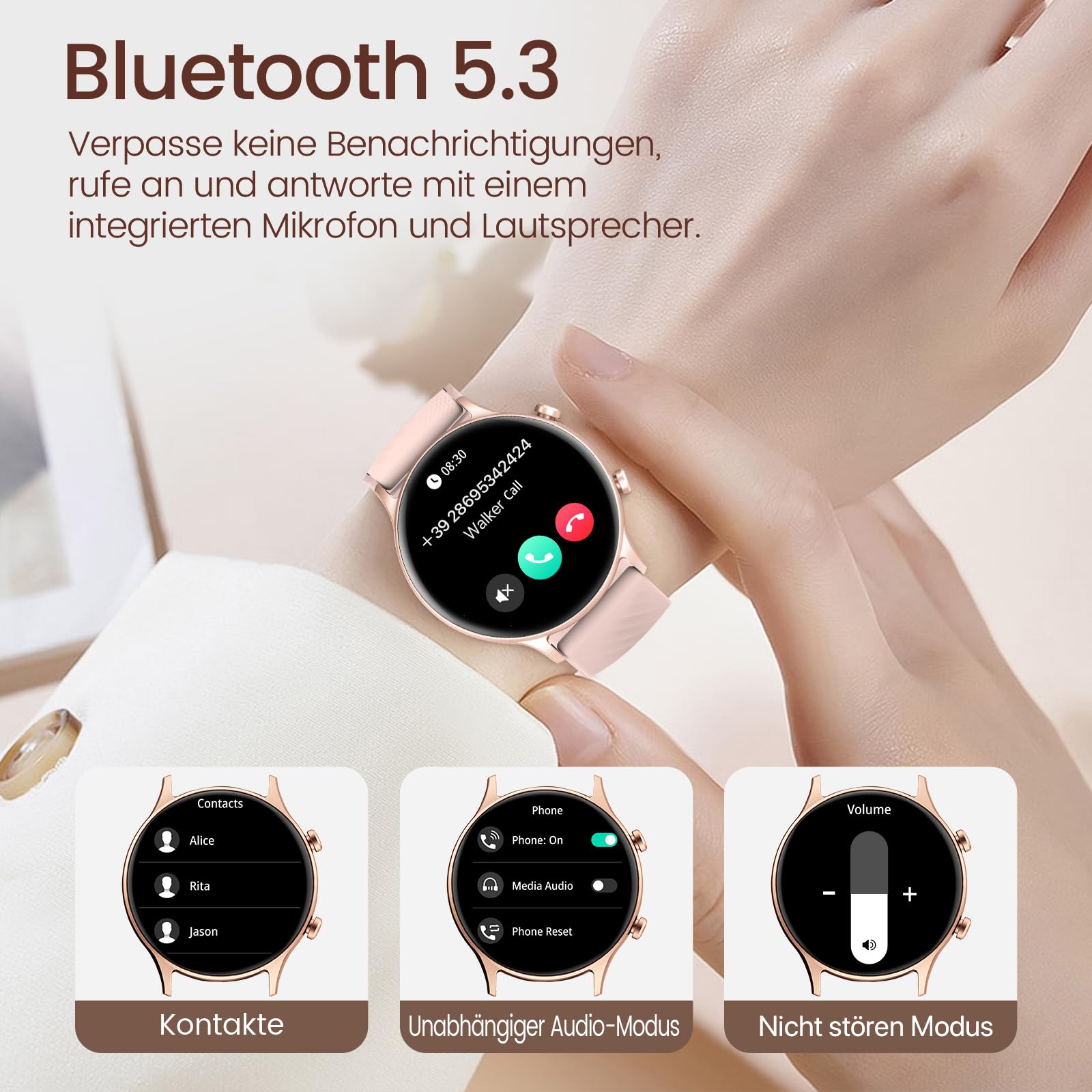 WalkerFit Smartwatch Mujer 1,39" HD para Hacer Llamadas, Reloj Fitness | Reloj inteligente IP67 con Bluetooth, iOS/Android, 100+ deportes, Monitor de frecuencia cardíaca, SpO2, sueño y ciclo Rosa
