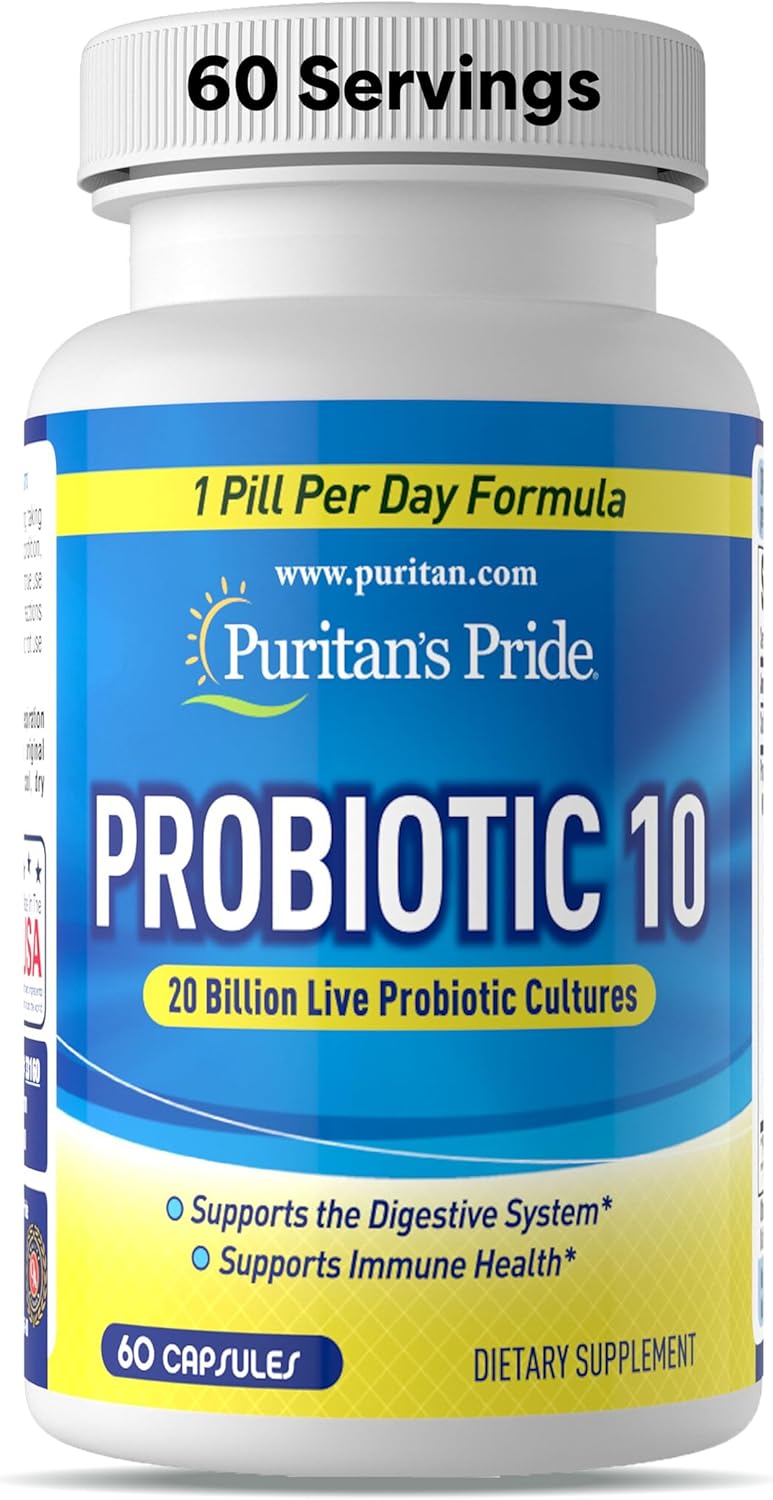 Puritan's Pride Probiotic 10 with Vitamin D to Help Support Immune System Health*, 60 Count, White