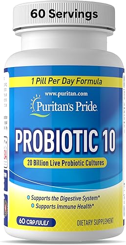 Puritan's Pride Probiótico 10 con vitamina D para ayudar a apoyar la salud del sistema inmunológico, cápsula, 60 unidades, blanco