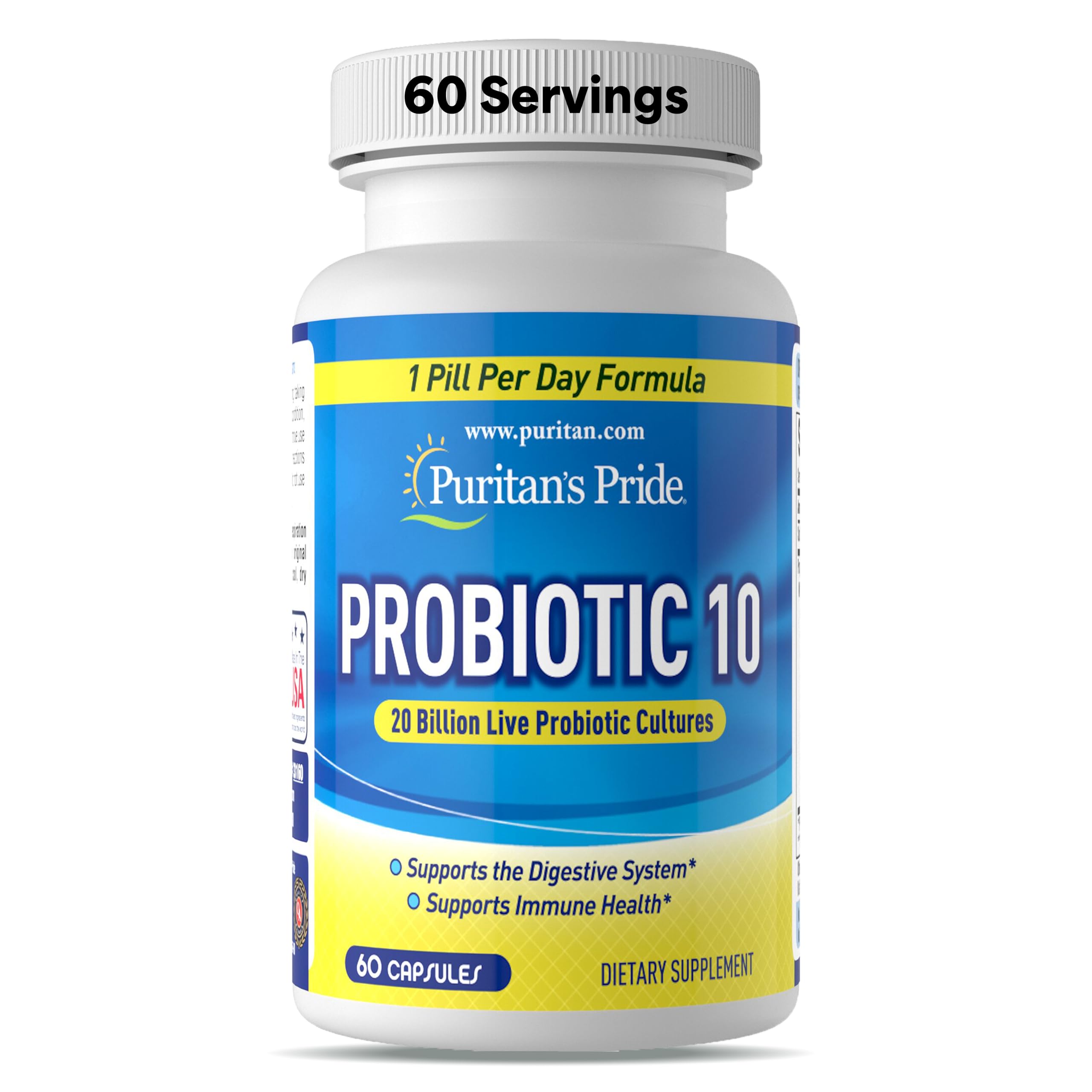 Probiotic 10 with Vitamin D to Help Support Immune System Health*, 60 Count, by Puritan's Pride, White