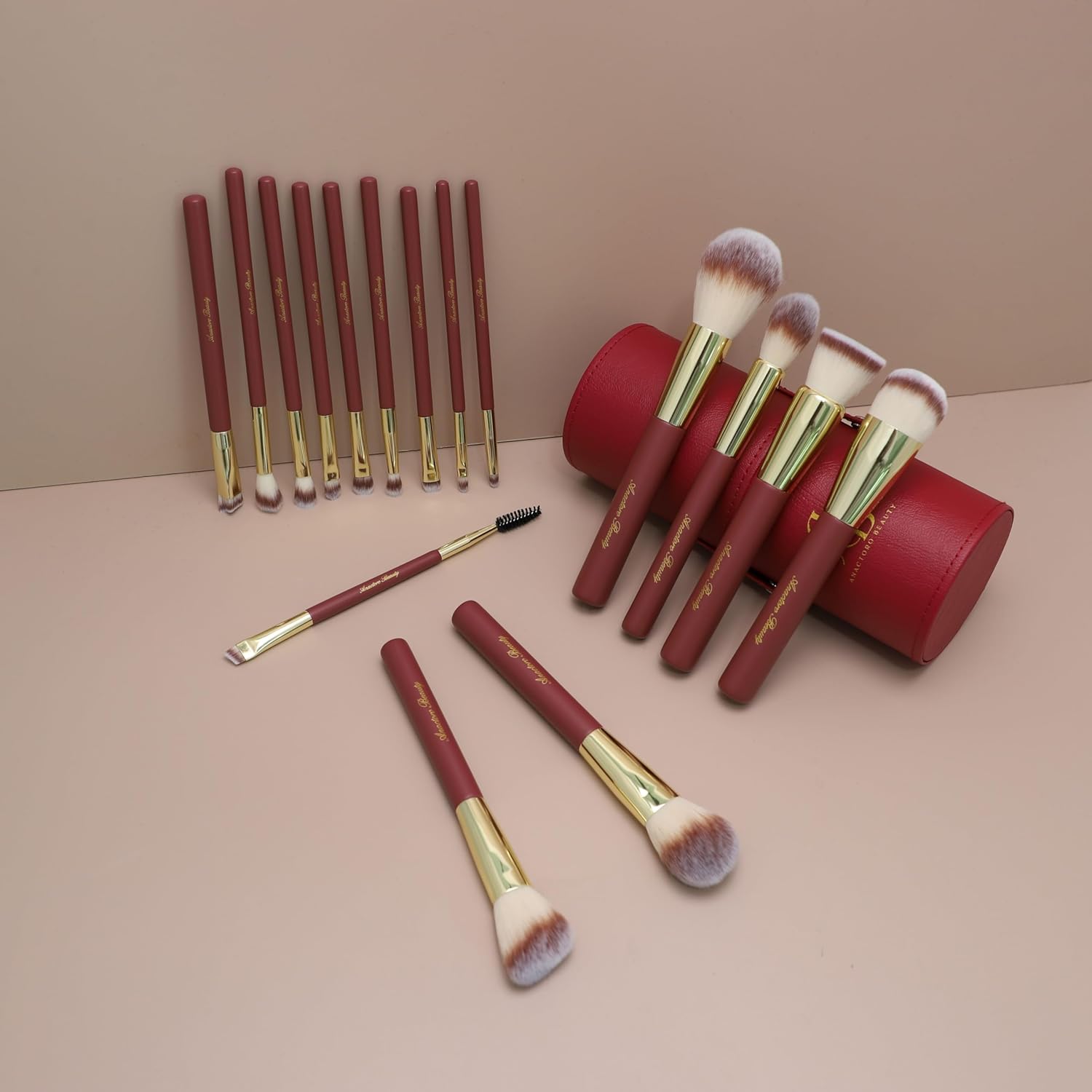 Beauty Travel Makeup Brush Set, 16 Professional Vegan Matte Wood Handle Red Gold Makeup Brushes Set and 2 Makeup Sponges, ON-THE-GO Make up Brushes Set with Case (Red)