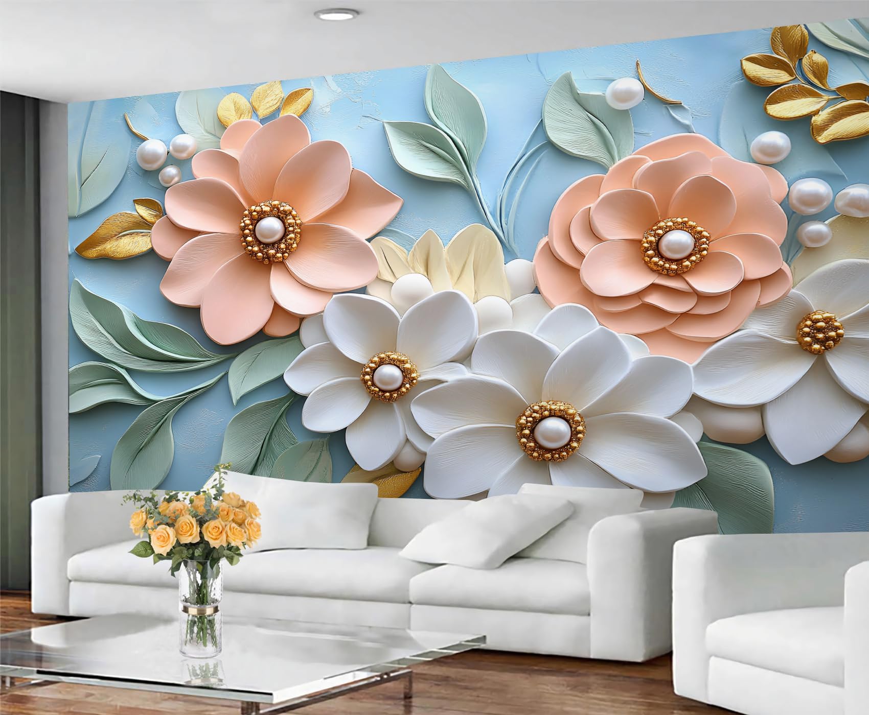 White Blooms Tapete – 3D-geformte Wandtapete – Perlen-Blumenmuster, Schlafzimmertapete für Wohnzimmer, nicht selbstklebend, hellblaue Wandbilder und Heimdekoration