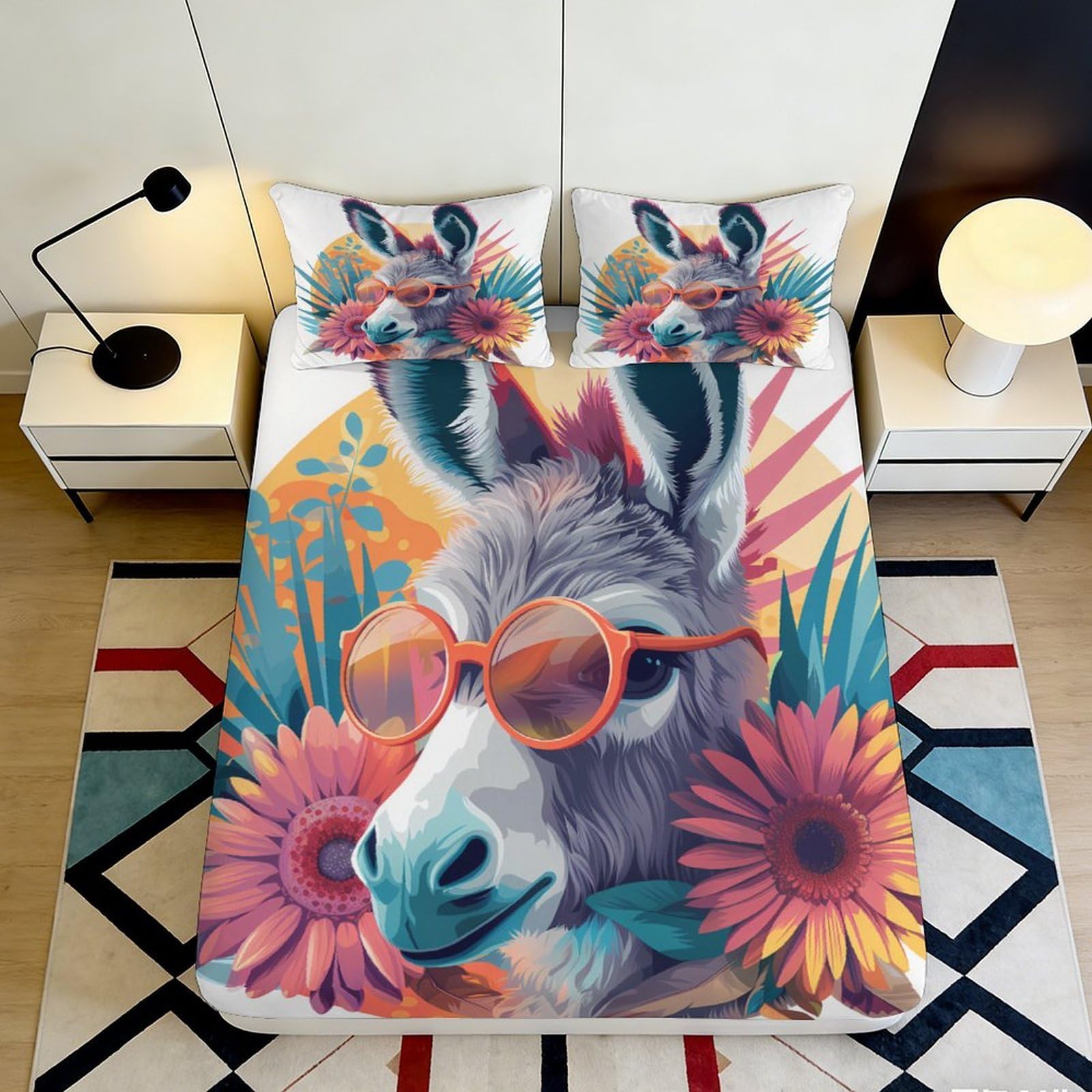 3D Printed Colorful Llama Fitted Sheet Microfiber Soft Breathable Floral Design Bed Cover for Bedroom Dormitory Guest Room Mattress Protection 120x200x25cm
