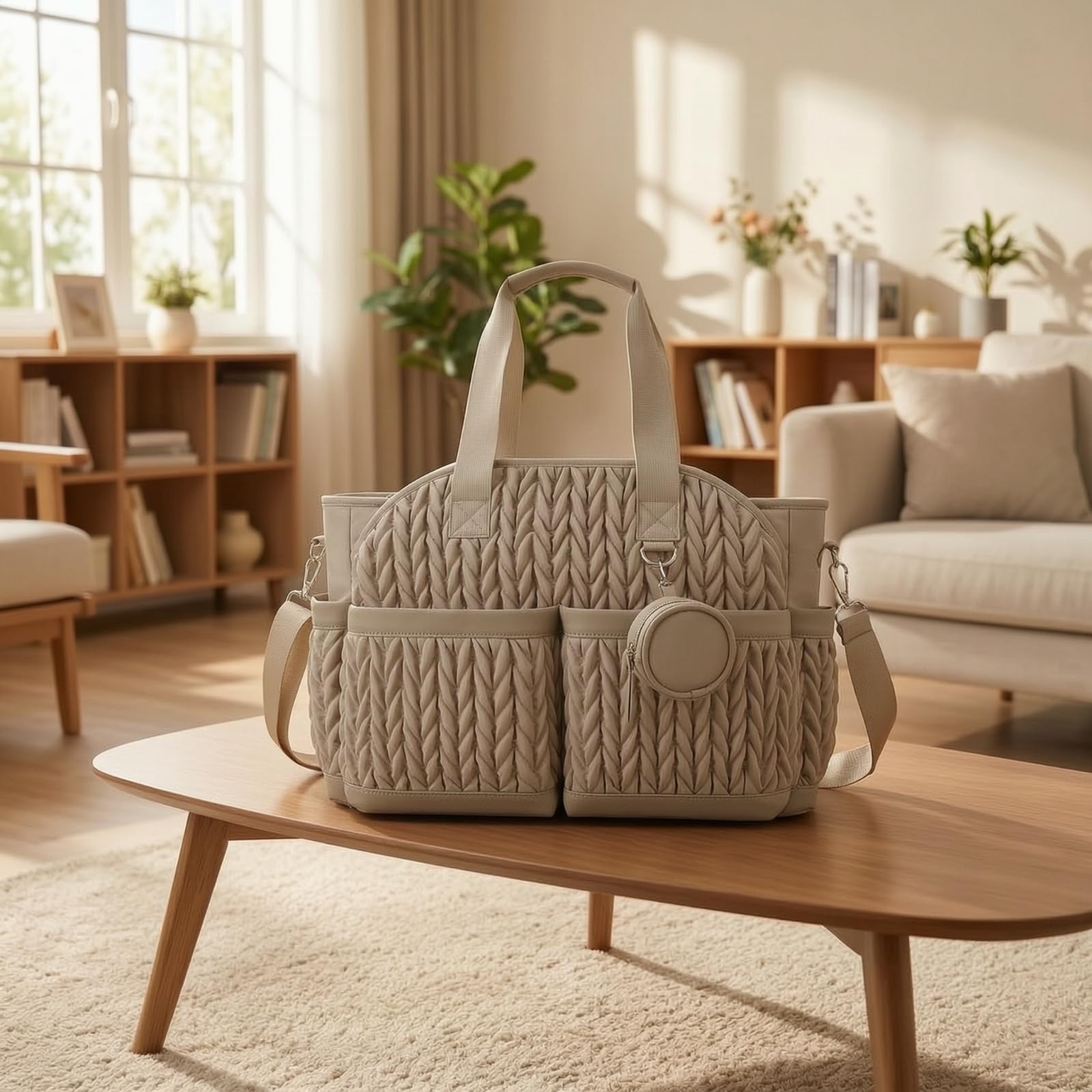 Sac à Langer Étanche Tote Grand Rangement avec Fermeture Zippée et Section Imperméable Pochette Ronde Amovible pour Accessoires en Polyester Adapté pour Sorties avec Bébé Parc