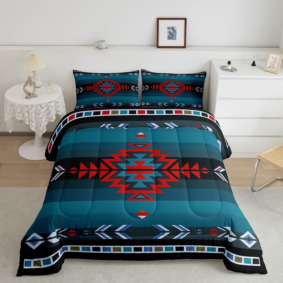 Feelyou Southwest Native Bedding Set for Kids Boys Girls Southwestern Geometric Comforter Set Full Size Tribal Duvet Quilt Bedroom Decor Breathable Soft Lightweight Microfiber Blue Red 3Pcs