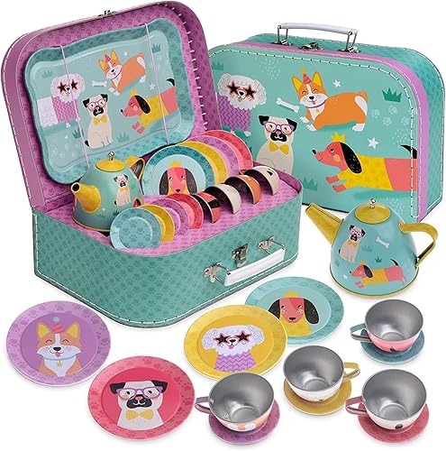 Jewelkeeper Juego de té de lata de juguete de 15 piezas para niños y estuche de transporte - Diseño de cachorro