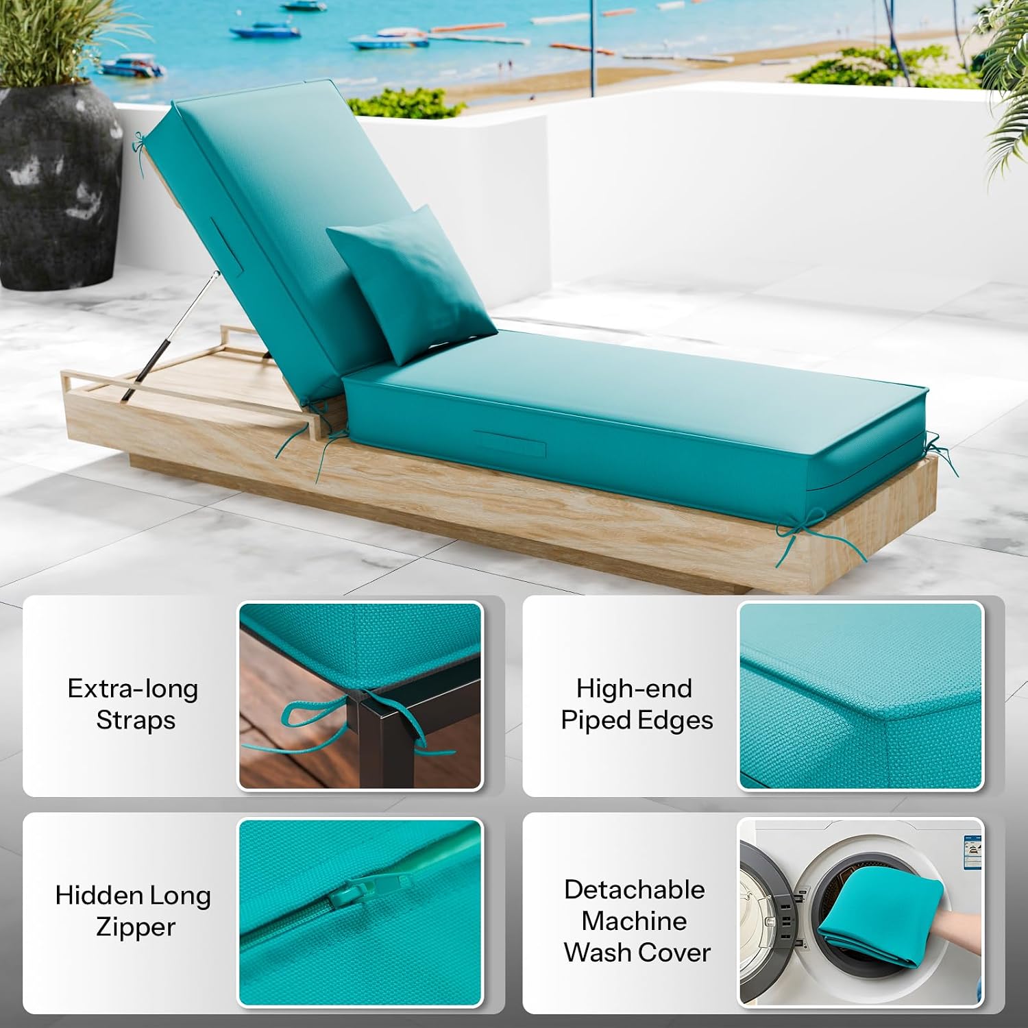 Chaise Lounge Cushions Outdoor Set of 2, 72x21x6 Inch Olefin Waterproof and Fade Resistant Patio Furniture Lounge Chair Cushions with Removable Cover, Lounger Pad with Handle & 16 Straps, Turquoise