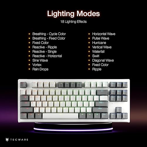 Miniatura 6 de TECWARE Phantom+ Elite - Teclado mecánico para juegos RGB de 87 teclas  3 modos inalámbrico Bluetooth 5.0 2.4 GHz y USB C con cable  5 pines