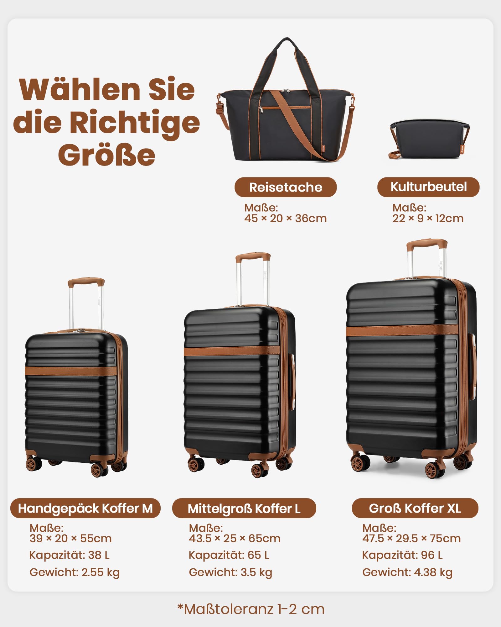 KONO Reisekoffer Set 3-teilig, Erweiterbar Hartschalenkoffer Mittelgroß mit 4 Rollen und TSA Schloss, leichte ABS+PC Trolley inkl Reisetasche und Kulturbeutel, ideal für Geschäftsreise, Schwarz/Braun