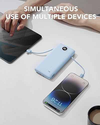 Miniatura 7 de VRURC - Cargador portátil con cables integrados y enchufe de pared AC, banco de energía USB C de 10000 mAh, cargador de teléfono compacto y ligero