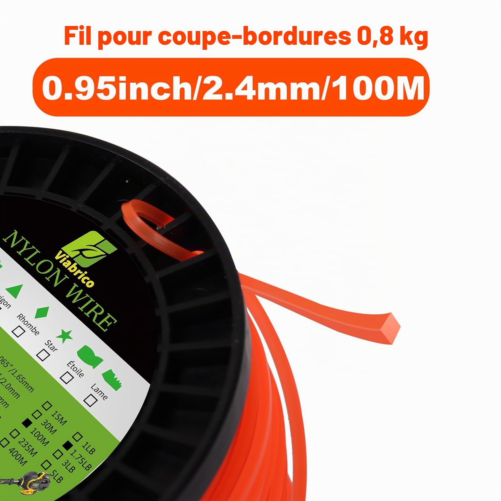 Viabrico Fil de débroussailleuse très résistant 2,4 mm x 100 m pour débroussailleuse à essence