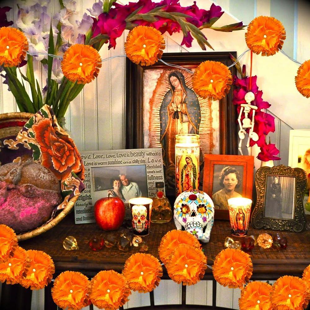 3PCS Lighted Marigold Garland, 10 LED Artificial Marigold Flowers String Lights Dia de Los Muertos Decorations for Halloween Diwali Indian Party
