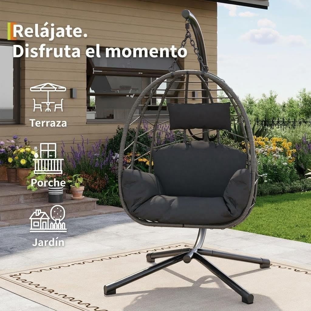 Garvee Silla Colgante de Huevo Plegable Vertical con Soporte de Acero Robusto, Cojines Impermeables y Funda Protectora para Jardín Terraza Balcón y Salón, Capacidad 150kg, Ratán Gris y Cojín Gris