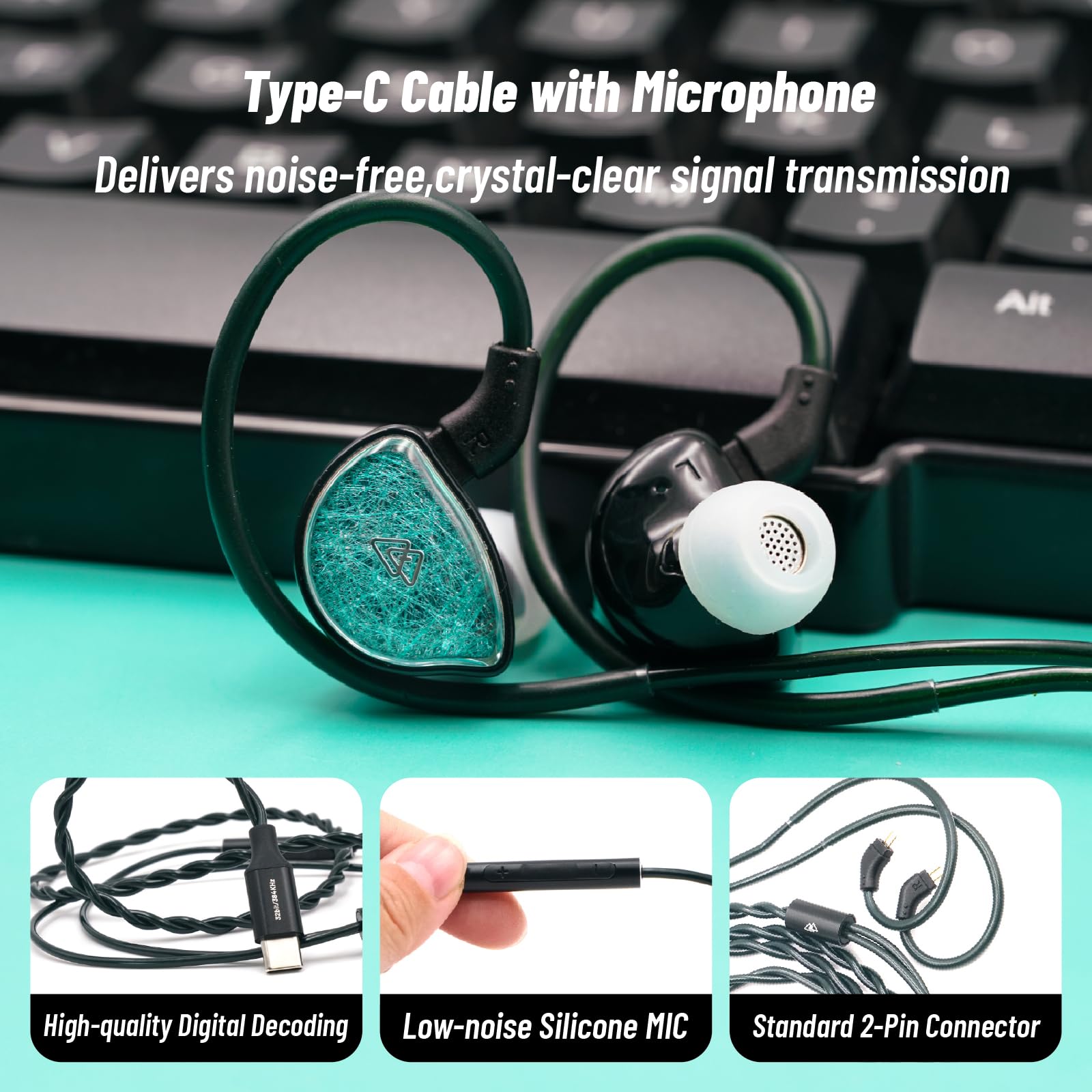 BQEYZ NI HiFi - Auriculares para juegos, monitor intraural con cable | Cable intercambiable con micrófono USB-C, diafragma de cerámica ideal para juegos, monitoreo de estudio y escucha diaria