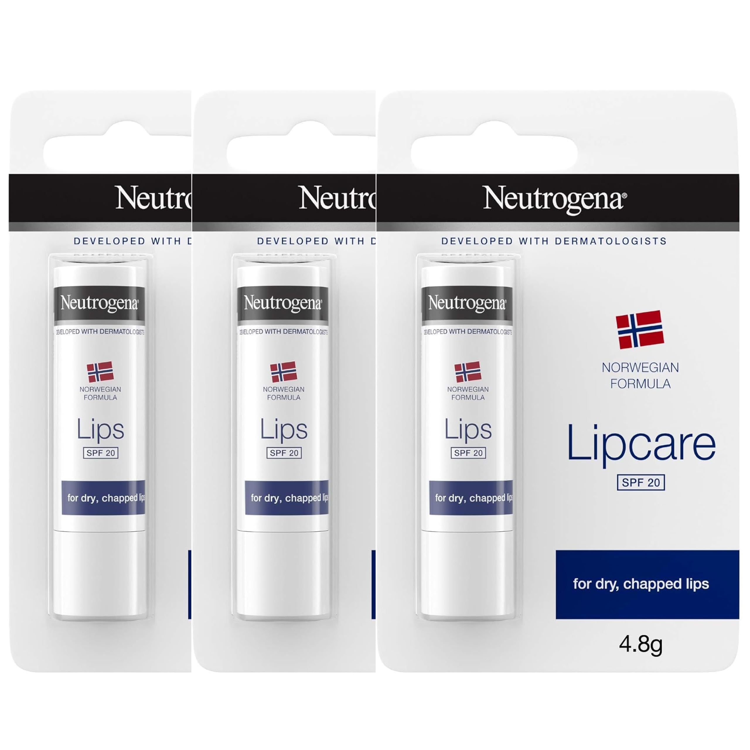 Neutrogena Lipcare Stick Norwegian Formula, for Dry and Chapped Lips, SPF 20 Lip Care.16 Ounces, Pack of 3