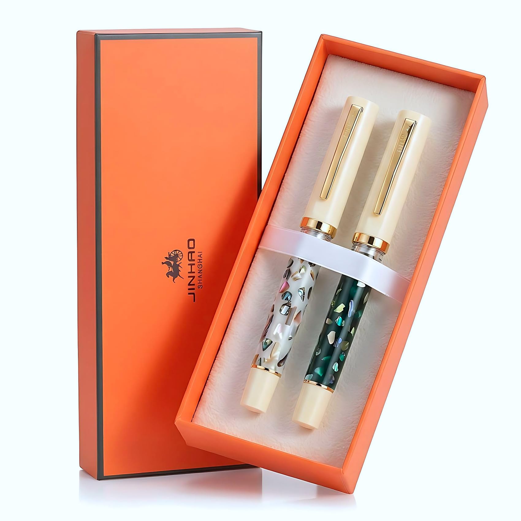 Jinhao 58 Fountain Pen Gift Set of 2 - Natural Sea Shell Inlay Fine Nib Writing Pens with Ivory White Caps, Orange Gift Box & Ink Converters, Green & Black