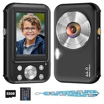 Digital Camera, Kids Camera with 32GB Card, FHD 1080P 44MP Vlogging Camera, 16X Zoom Point and Shoot Digital Camera Compact Portable Rechargeable Cameras for Teens Boys Girls Students Seniors
