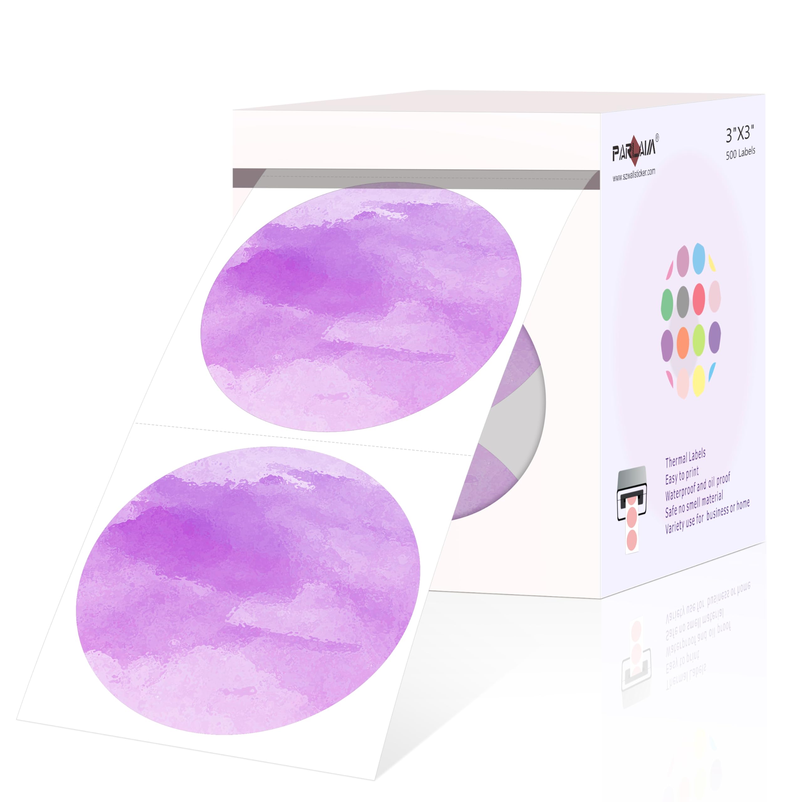 PARLAIM 3 Inch Watercolor Purple Circle Thermal Sticker Labels, Self-Adhesive Round Address Labels, Multi-Purpose Roll Thermal Stickers Tap for
