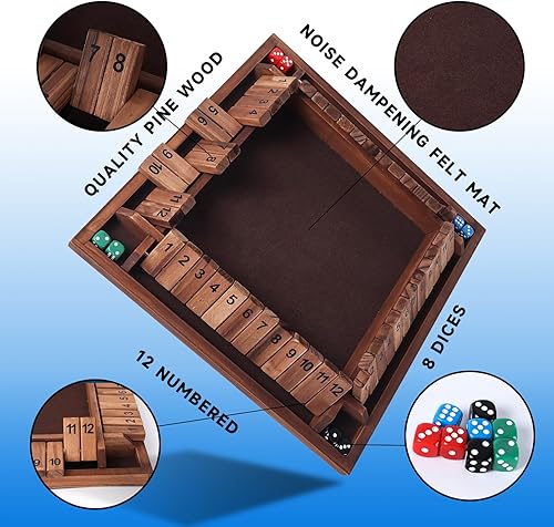 Miniatura 2 de GSE Games & Sports Expert Juego de mesa de madera para 1-4 jugadores con 8 dados. Juego de dados de 4 vías con 12 números Shut The Box del popular