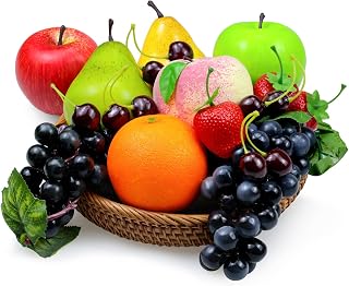 Tenorbass 16pcs Realistic Fake Fruits Set - Artificial Apples, Peaches, Oranges, Grapes, Pears, Strawberries, Cherries for Kitchen Home Decor