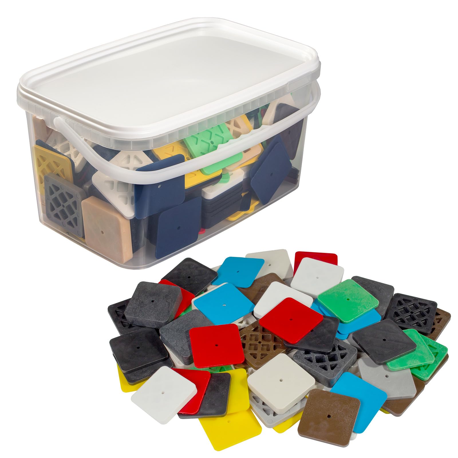 160 x Kunststoff Unterlegplatten 70 x 70 x 2-20 mm Montage Abstandhalter Distanzklotz Plättchen Mix in praktischer wiederverwendbarer Box mit Deckel und Clips