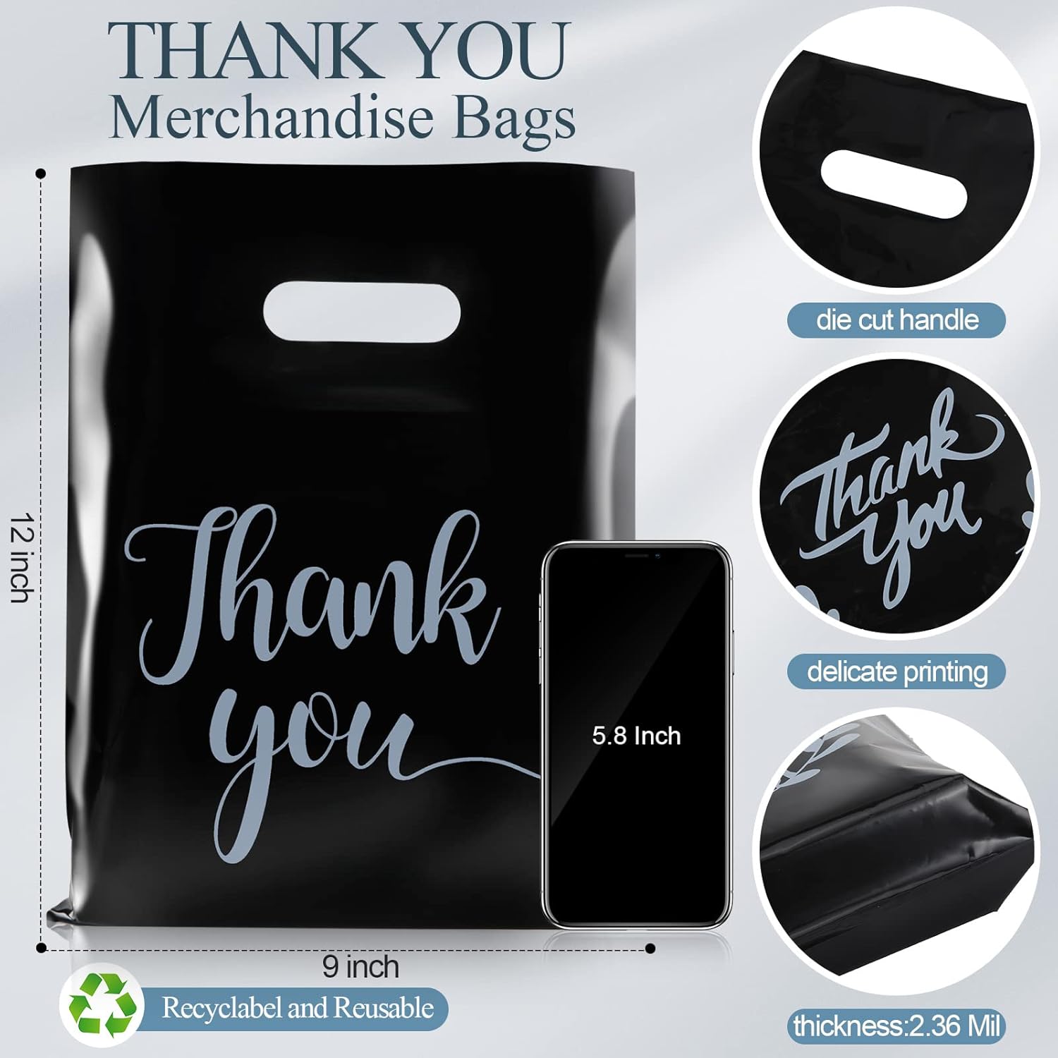 300 Pack Thank You Merchandise Bags 2.36 Mil Retail Shopping Thank You Bags for Small Business Die Cut Plastic Shopping Goodie Bag Reusable Gift Bag for Store Boutique Present, Black (9" x 12")