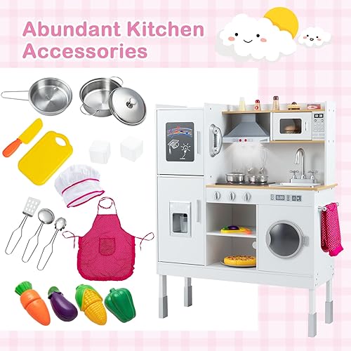 Miniatura 6 de Costzon Juego de cocina para niños, juego de juguetes Montessori de madera con sonido y luz, altura ajustable, campana extractora, estufa