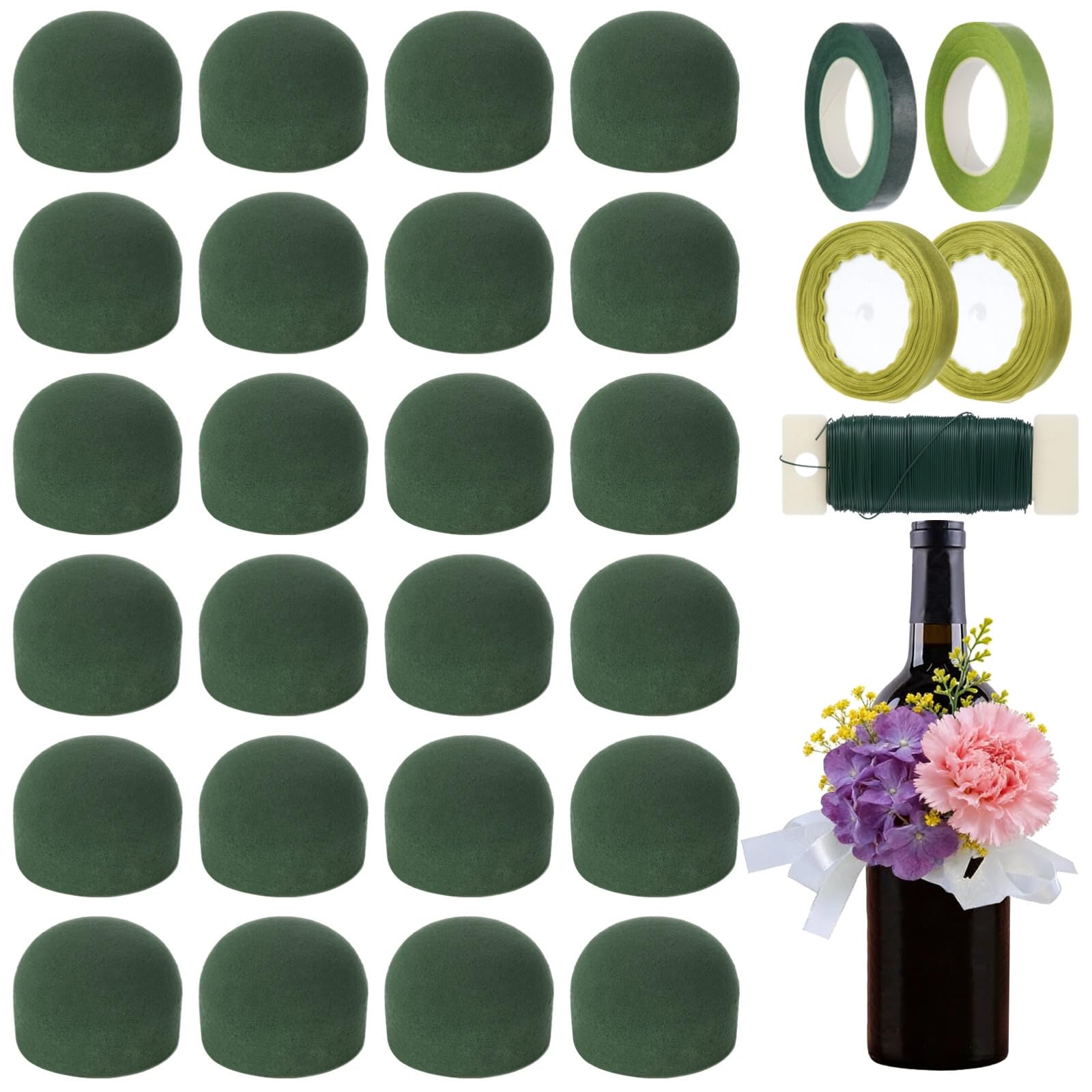 Juego de 24 bloques redondos de espuma floral, soporte de espuma floral con alambre de floristería, cinta verde, cinta, suministros esenciales para arreglos florales para manualidades