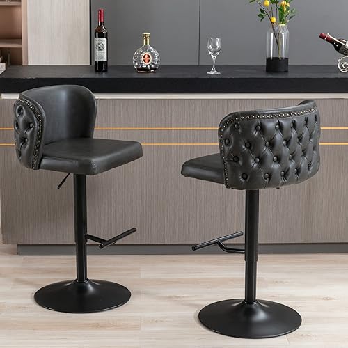 Miniatura 2 de Juego de 2 taburetes de bar giratorios de altura de asiento ajustable, modernos tapizados de poliuretano con base negra, silla de bar con respaldo