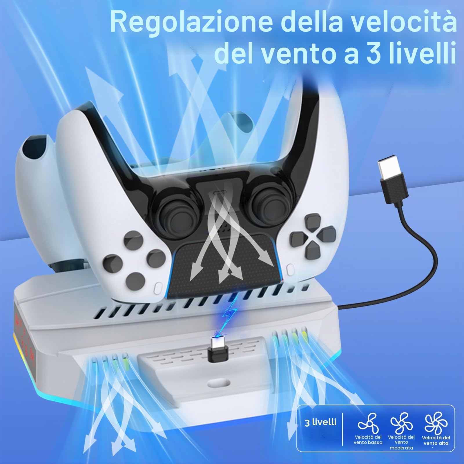 Supporto per PS5 Slim/Pro con Ventola di Raffreddamento,Base di Raffreddamento PS5 con 3 Livelli di Ventola e 2 Ricarica Simultanea di Tre Dispositivi,Accessori per PS-5 Pro/PS-5 Slim