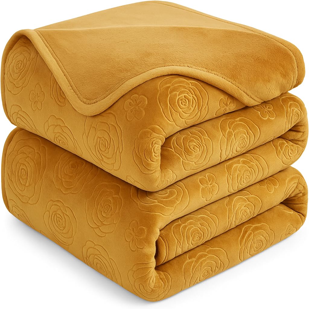 SANMARINO Korean Style Faux Mink Blanket for Double Bed 2500 Grams 500 GSM | Ultrasoft & Lightweight Solid Embossed Blanket for Heavy Winter & Mild Winter Sofa, Couch | Travel (Color - Golden Yellow)-image-18